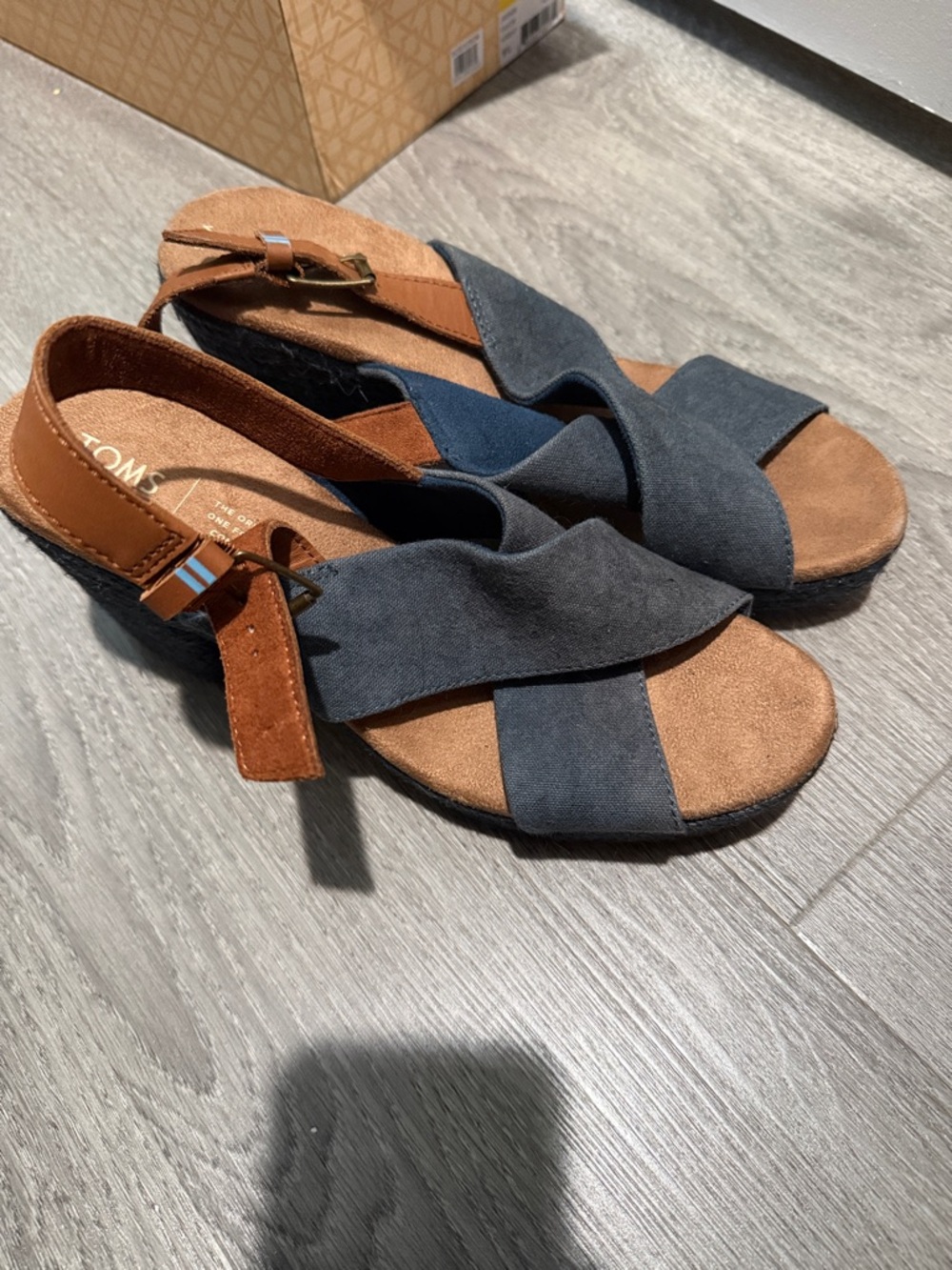 TOMS Crisscross Slingback Sandals in Denim and cognac (new without tags)